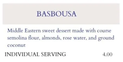 Basbousa Menu